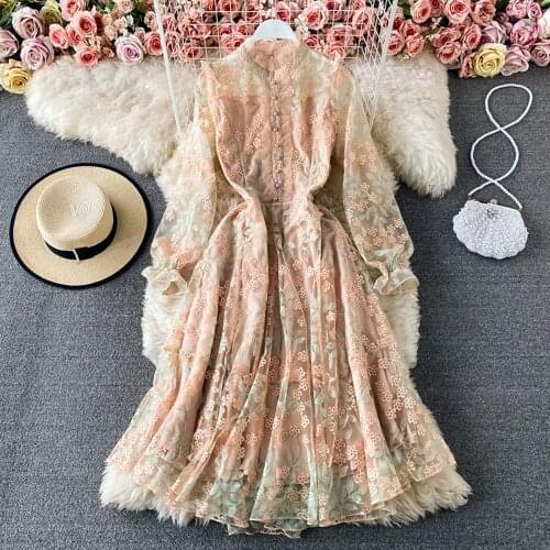 Fashion Floral Embroidery Tulle Women Party Dress 2021 Spring Autumn Elegant Ladies Long Sleeve Pearls Beading Dressses Vestidos