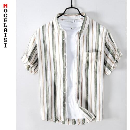 Fashion linen shirt men short sleeve Striped shirt summer Breathable pocket tops for man clothing casual shirt Asian size 887