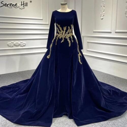 Muslim Navy Blue Velvet High-end Wedding Dresses 2020 Long Sleeves Beading Bridal Gowns Serene Hill HA2368 Custom Made
