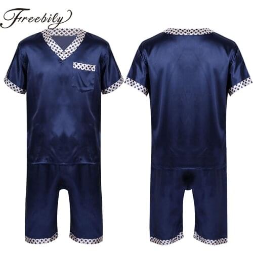 Men Satin Plaid Pajamas Summer V Neck Short Sleeve T Shirt Top Shorts 2 Piece Sets Blue Casual Sleepwear Nightwear 3XL Plus Size