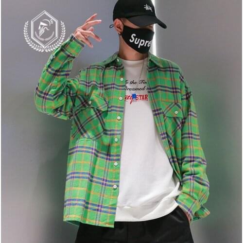 Men Fashion Loose Plaid Print Casual Long Sleeve Hip Hop Shirts