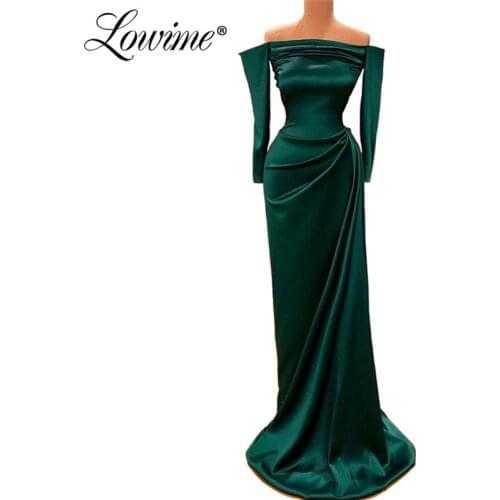 Formal Dress Boat Neck Green Satin Elegant Evening Dress Party Dresses 2020 Long Sleeves Runaway Dress Pageant Prom Dress Gowns