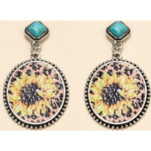 Wholesale Vintage Sunflower Turquoise Leather Earrings Leopard Print Sunflower Metal Earrings for Women Girl Gift