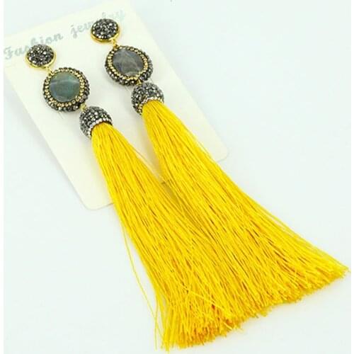 Original Bright Yellow Silk Fabric Tassel With Labradorite Rhinestone Stone Charm Connectors Long Drop Dangle Earrings For Women