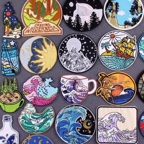 Iron On Patch Sea Wave Mountain Patch Embroidered Patches For Clothing DIY Adventure Clothes Stickers Camping Patches On Clothes
