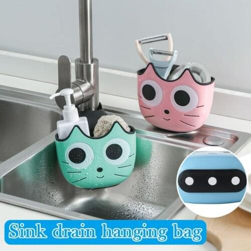 Faucet Storage Rack Sponge Holder Cartoon Cat Hanging Drainer Pouch Adjustable Organizer Kitchen & Bathroom Accessories