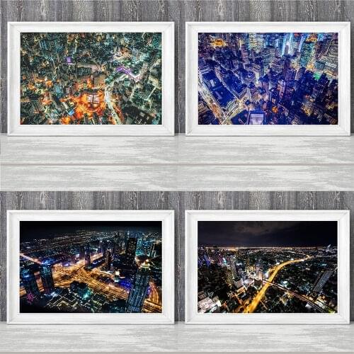 Modern Landscape City Black and White Poster Scandinavian Home Decor Night Color Lights Architecture Abstract Art Oil Painting