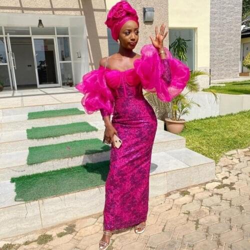 Aso Ebi Fuchsia Mermaid Prom Dresses Off The Shoulder Ruffles Long Sleeves Evening Dress Lace African Brial Giwls Party Gowns