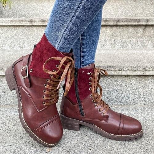 Woman Side Zipper Martin Boots Round Toe Platform Ladies PU Boots Thick Heel Lace-up Solid Color Women Low Top Casual Boots