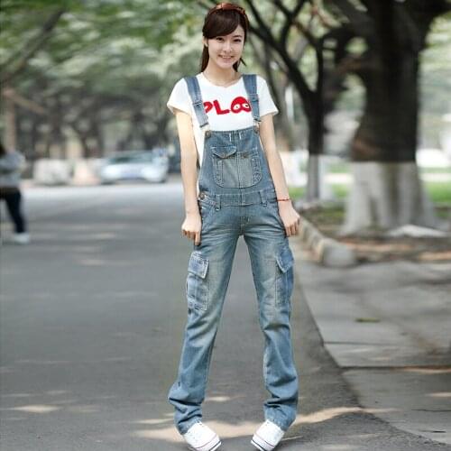 Denim bib female 2018 new Korean version of the tide Suspenders Loose Large size pants Multi-pocket Jumpsuit pants Size S-XXL