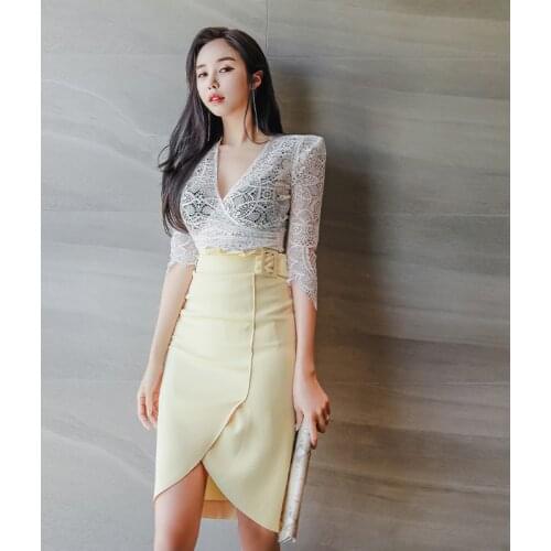New arrival fashion set for women lace perspective v-neck shirt and slim pencil skirt office lady simple vintage two piece set