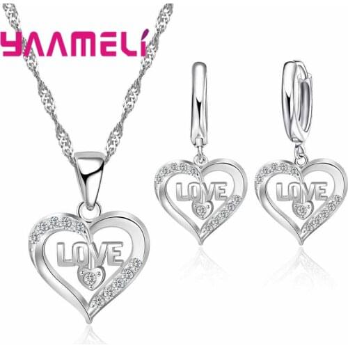 High Quality Heart Shape With Love Sweet Jewelry 925 Sterling Silver Girls Women Party Present Necklace Earrings Sets