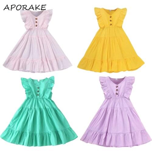 2021 0-6Y Toddler Girls Summer Dress 4 Colors Solid Button V Neck Ruffle Pleated Dress Kids Baby Holiday Casual Sundress