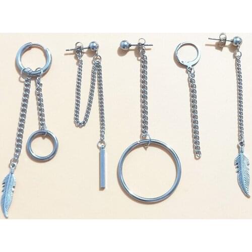 5pcs/set KPOP Earrings Titanium Steel Korean Bangtang Boys Leaf Pendant Double Chain Earring Jewelry Accessories For Men Women