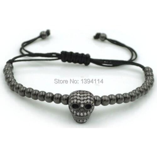 8*11*11mm Micro Pave CZ Skull Beads & 4mm Round Beads Braided Macrame Bracelet Jewelry