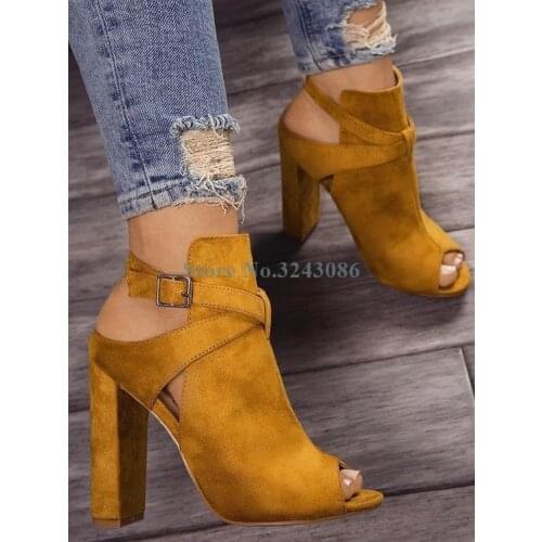Peep Toe Buckle Strap Thick Heel Sandals Yellow Green Black Suede High Heel Sandals Boots Slingback Cross Tied Sandal Boots