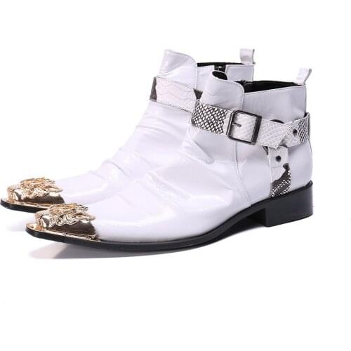 Batzuzhi Men Boots Luxury Leather Boots Men Zip Pointed Gold Metal Cap chaussure homme White Wedding and Party Men Boots, 38-46