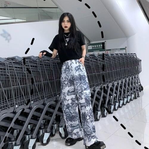 Sweatpants Women Fashion Vintage Wide-Leg Ink Painting Printing High Waist Trousers Harajuku Streetwear Style Loose Casual Pants