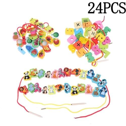 New Wooden toys Baby DIY Toy Cartoon Fruit Animal Stringing Threading Wooden beads toy Educational for Children