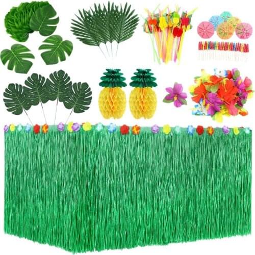 HOT SALE 107 Pcs Tropical Party Decoration Set with Hawaiian Table Skirt Palm Leaves Hawaiian Flowers Tissue Pineapple Umbrellas