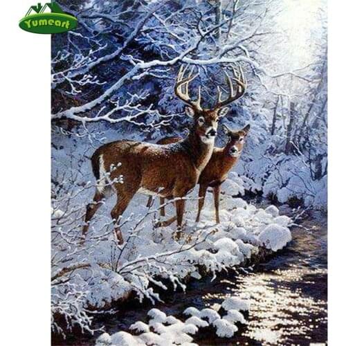 Yumeart DIY Square Diamond Painting by Numebr Snow Deers Cross Stitch Crafts Diamond Embroidery Wall Painting Home Decor Mosaic