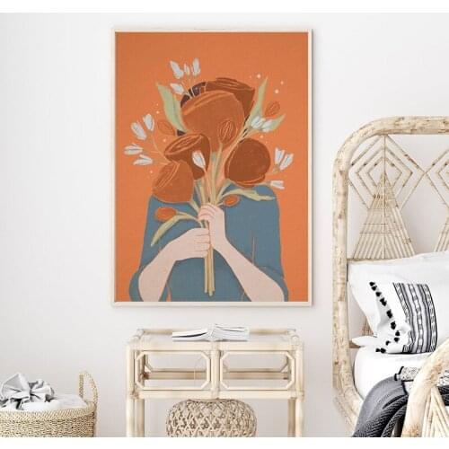 Girl Floral Illustration Art Prints Orange Flower Bouquet Canvas Painting Girls Room Nordic Decoration Picture Poster for Home