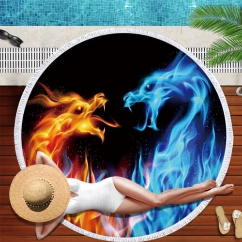 Red and Blue Fire Large Round Beach Towel for Adults Microfiber 3D Printed Ball Bath Towel Tassels Cool Dragon Yoga Mat 150cm