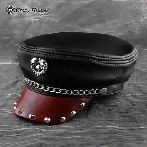 Cool-Studded-Skull-Mens-Womens-Unisex-Genuine-Leather-Biker-Punk-Rocker-Cap-Hat