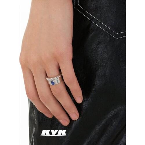 KVKs new womens ring ins tide niche design 925 silver cold wind power blue bead chain surround ring
