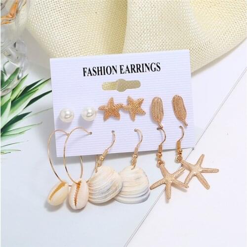 Trendy Bohemian Shell Earrings Set For Women Geometric Pearl Gold Color Stud Drop Earring 2019 Brincos Female Fashion Jewelry