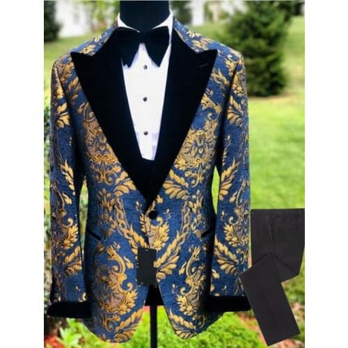 Men Suits Navy Blue Pattern and Black Groom Tuxedos Peak Lapel Groomsmen Wedding Best Man ( Jacket+Pants+Vest+Tie ) D27