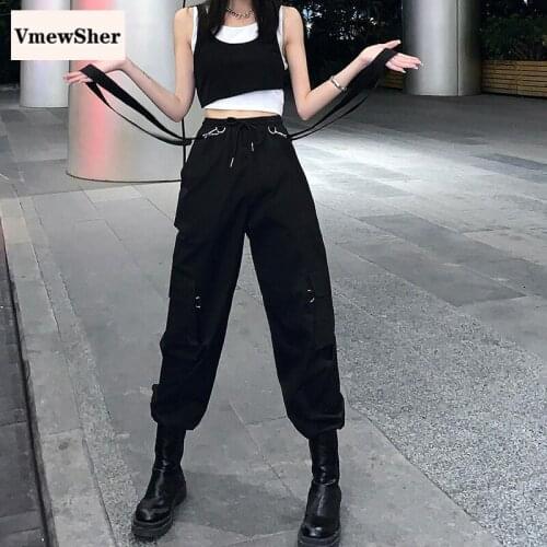 VmewSher New 4XL Spring Autumn Women Cargo Pants Fashion Strap Overall Long Jogger Streetwear Plus Size Elastic Waist Trousers