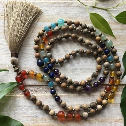8mm Picture stone Color gemstone Tassel Mala necklace yoga chain Chakas Lucky Wrist Healing Unisex MONK Wristband natural Reiki