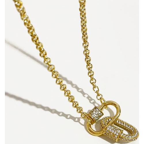 PerisBox Gold Color Double Circle Carabiner Necklaces Micro Paving CZ Stone Necklaces for Women Pin Minimalist Necklace 2020