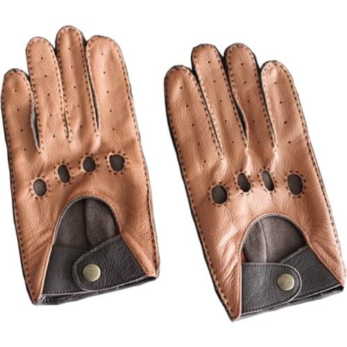 Fashion Men Genuine Leather Gloves Belt Button Breathable Sheepskin Male Mittens For Autumn Warm Outdoor Non-slip Driving Glove