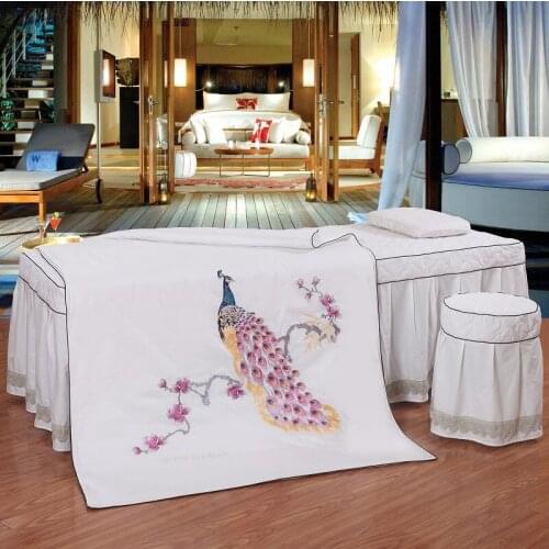 100% Cotton Peacock Embroidery Duvet Cover for Beauty Treatment Pillowcase Beauty Salon Bed Skirt Sheet Bedding Set 4PCS #407