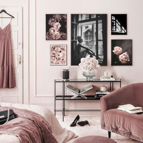 Poster Printing Pink Flowers Oil Painting Canvas Living Room Oil Painting Sexy Girl Canvas Wall Art Home Decoration Painting