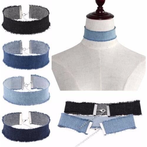 Simple Hippie Wide Dark Navy Blue Black Denim Jeans Fabric Strip Wrap Adjustable Choker Necklace For Women DIY Jewelry Material