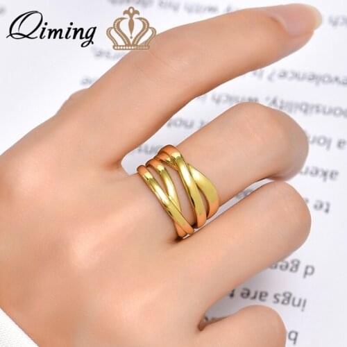 QIMING 18K Gold Plated Wide Cross Women Rings Minimalist Jewelry Korean Style Muli Layer Finger Adjustable Rings Gift