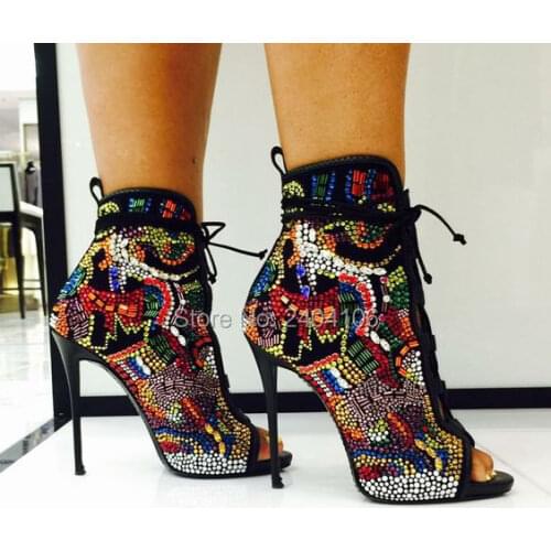 Luxury Comic Rhinestone Studded Bridal Wedding Shoes Woman Sexy Peep Toe Booties Lace Up Stiletto High Heels Crystal Ankle Boots