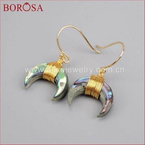 BOROSA Gold Color Wire Wrap Double Horn&moon crescent shape tiny shell Rainbow Shell Gold Color Dangle Drop Earrings G1123-E