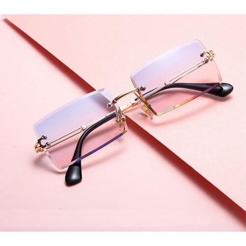 Trending Fashion Pink Purple Sunglasses Rimless Rectangle Retro Brand Designer Women Small Oculos De Sol Female Sun Glasses