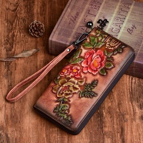 Genuine Leather Embossed Wrist Purse Handy Bag Natural Skin Multi-Cards Female Rose Pattern Clutch Bags Long Zipper Women Wallet