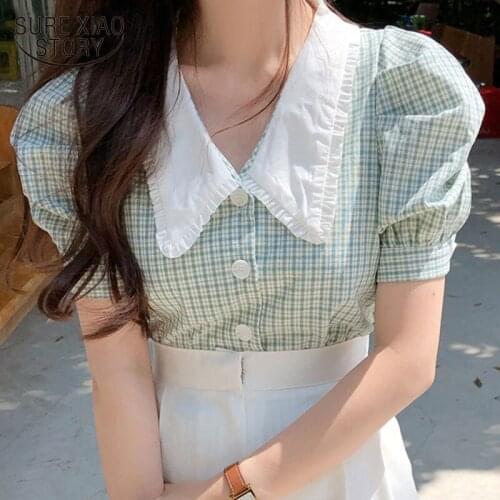 Vintage Retro Plaid Single-breasted Shirt Female Tops Puff Sleeve Summer Women Blouses Korean Fashion Chic Femme Blusas 14793