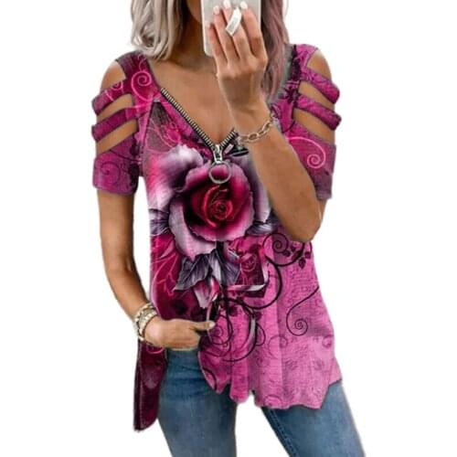 2021 Summer Womens Tee New Rose Flowers Printed Hollow V-Neck Zipper Short-Sleeve T-Shirts Tops Fashion Casual Ladies Pullover