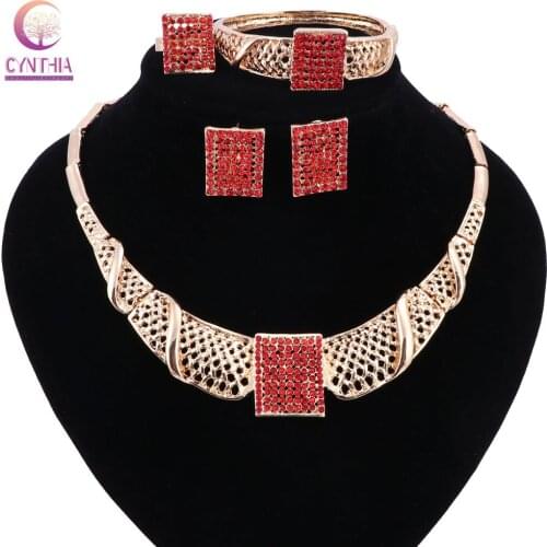 2017 Women gold color silver plated 5 colors boho round Hollow crystal jewelry sets with earrings statement necklace