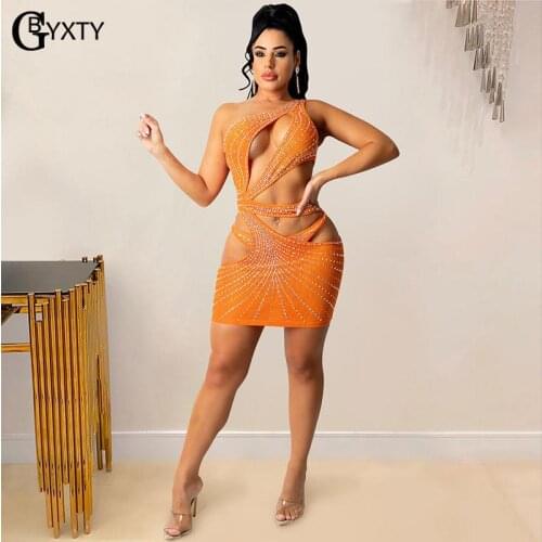 GBYXTY Sexy One Shoulder Cut Out Dress for Women Night Club Sleeveless Diamond Hollow Out Bodycon Mini Dress ZL1324