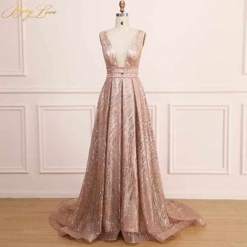 BeryLove Gold Sequin Evening Dress Women Long Prom Dress New Shiny Sexy vestidos de fiesta V Neck Open Back robe de soiree
