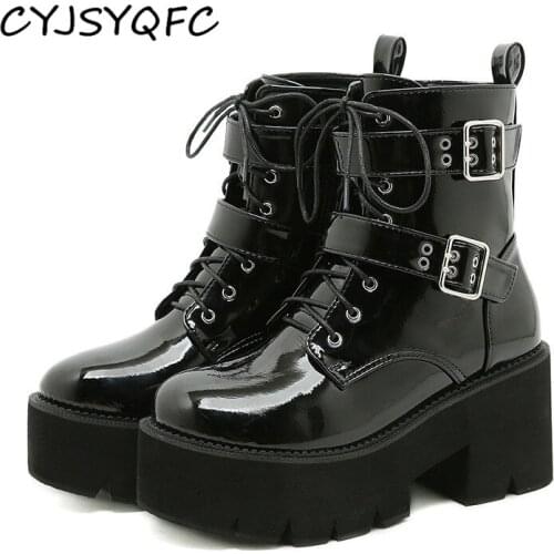 CYJSYQFC Patent Leather Chunky Heel Women Ankle Boots Belt Buckle Strap Lace Up Platform Motorcycle Boots Punk Goth Short Boots