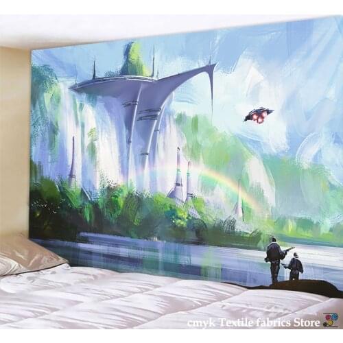 Future World Spacecraft Tapestry Science Fiction Pattern Psychedelic Hippie Home Decor Wall Tapestry Galaxy Hanging Blanket